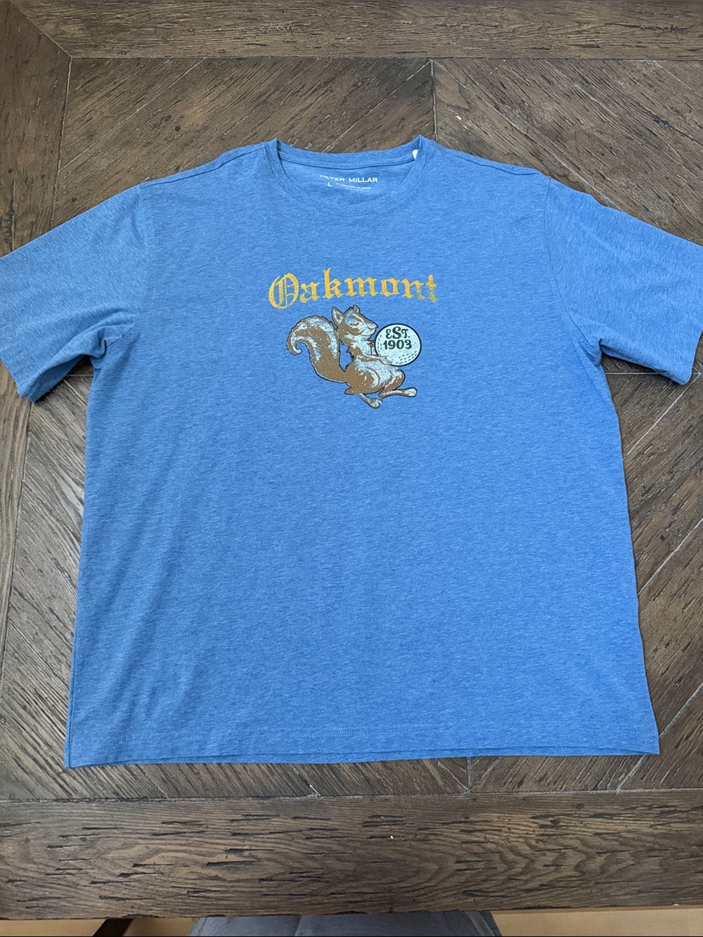Peter Millar Oakmont Squirrel Graphic Tee in Heather Blue - Large
